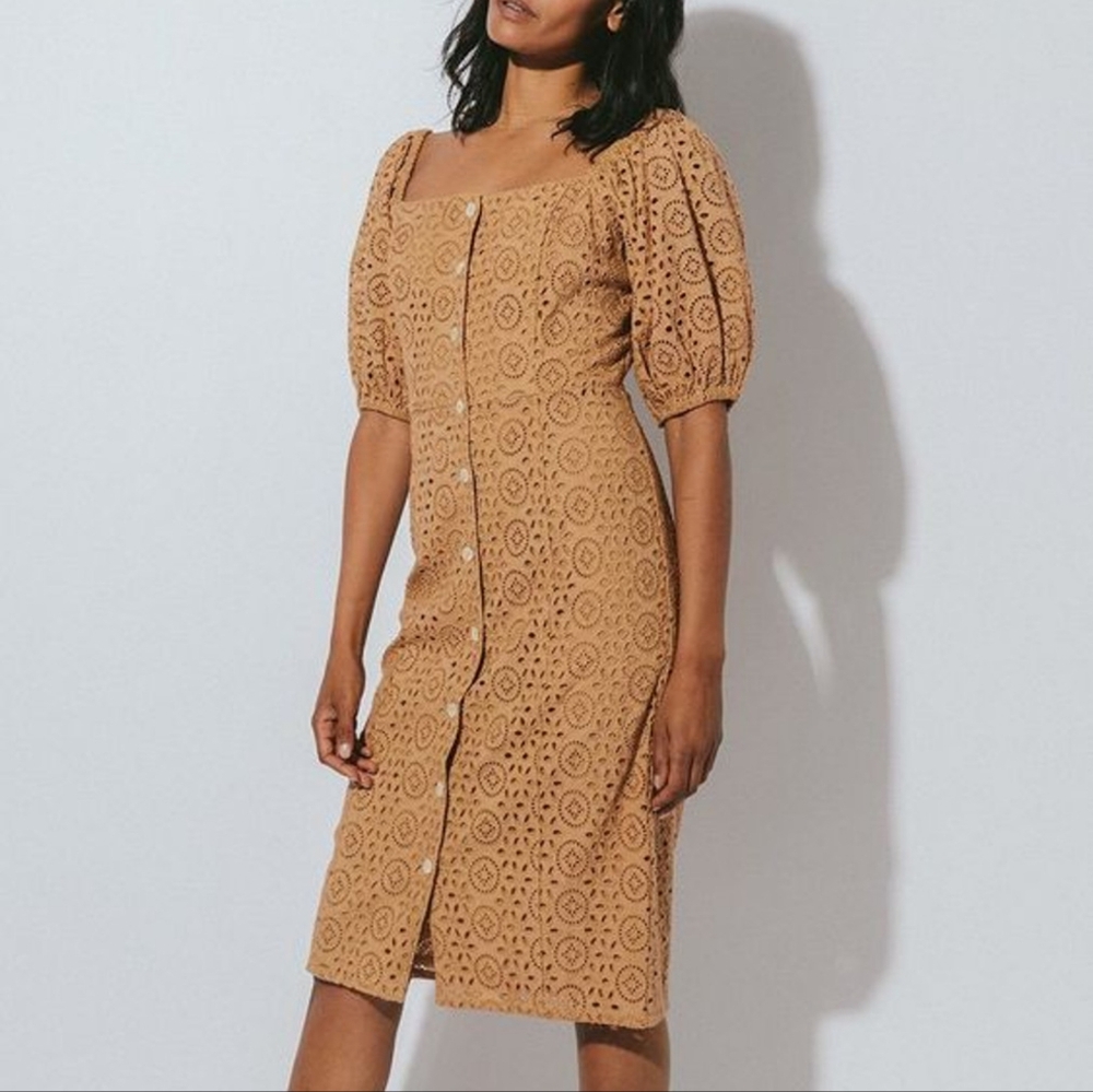 Puff-Sleeve Eyelet Midi Dress in Camel - Picture 4 of 13